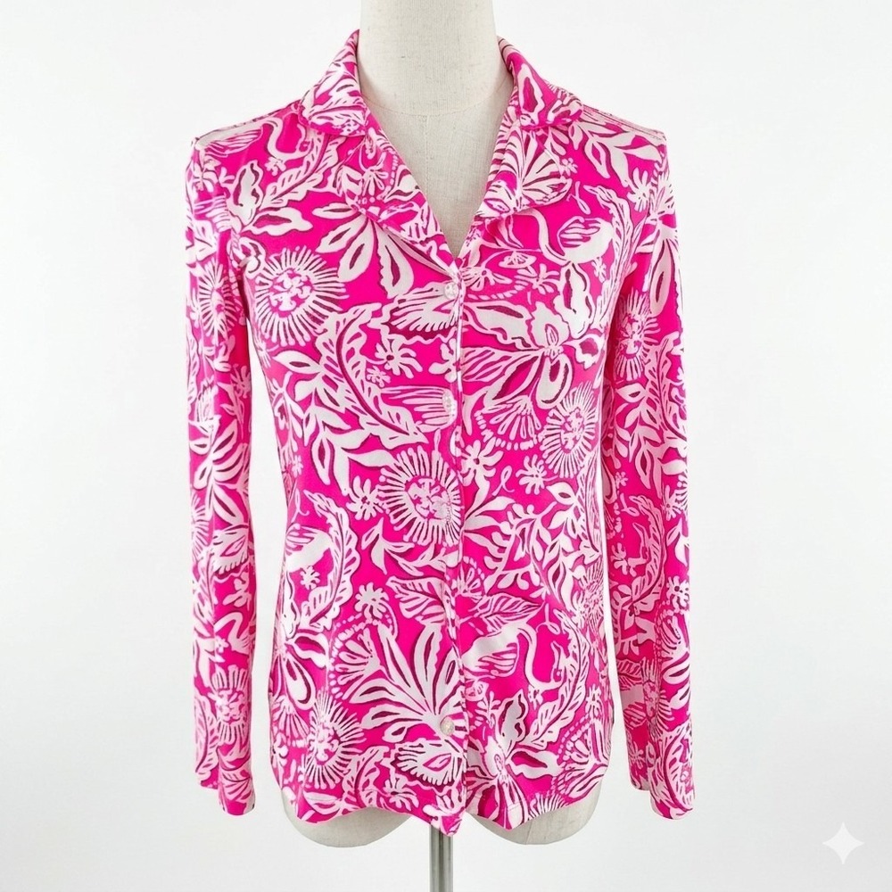 Lilly Pulitzer Pajama Knit Button Up Top Long Sleeve Pink Floral XXS Top Only